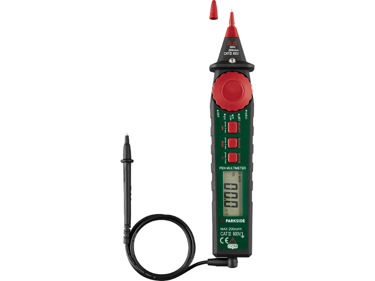 Digital pen multimeter with a display and buttons, black with red and green accents.