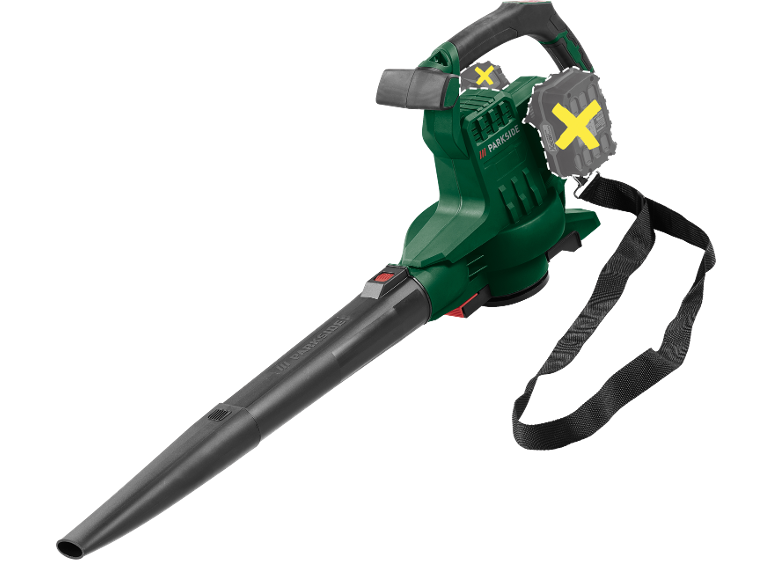 Cordless leaf blower with shoulder strap and two batteries.