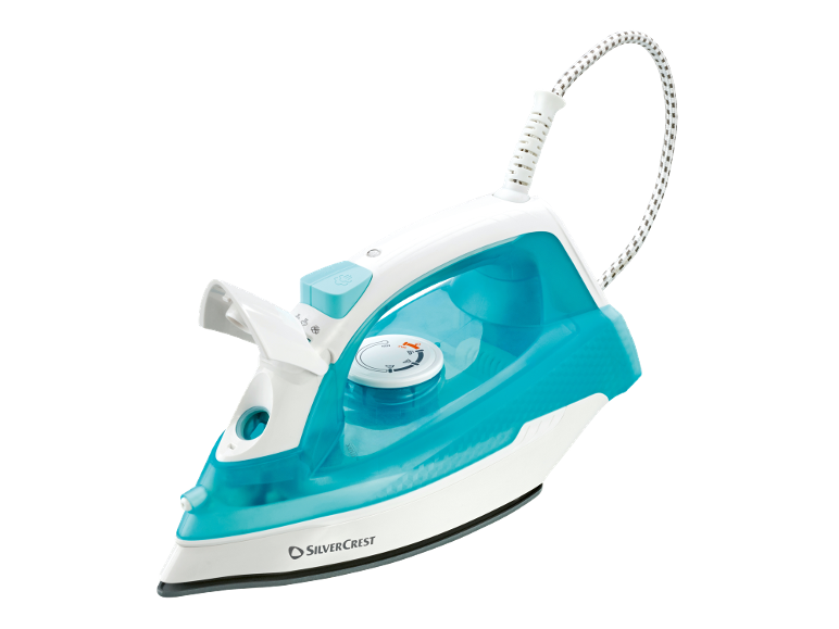 Steam iron in white and turquoise with a temperature dial and cord.