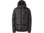 Black hooded puffer jacket with a front zipper.