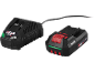 Black battery charger with an attached cord and a black battery with red and green indicator.