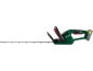 Cordless hedge trimmer in green and black with red accents
