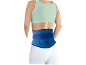 Woman wearing a blue lumbar support belt and a light green sports top.