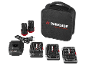 Tool set with bag, batteries, charger, and drill and bit sets.