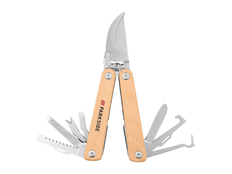 Multifunctional garden tool with pruning shears, saw, and other attachments, with wooden handles.