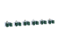 Six metal broom and tool holders with green rubber rollers.