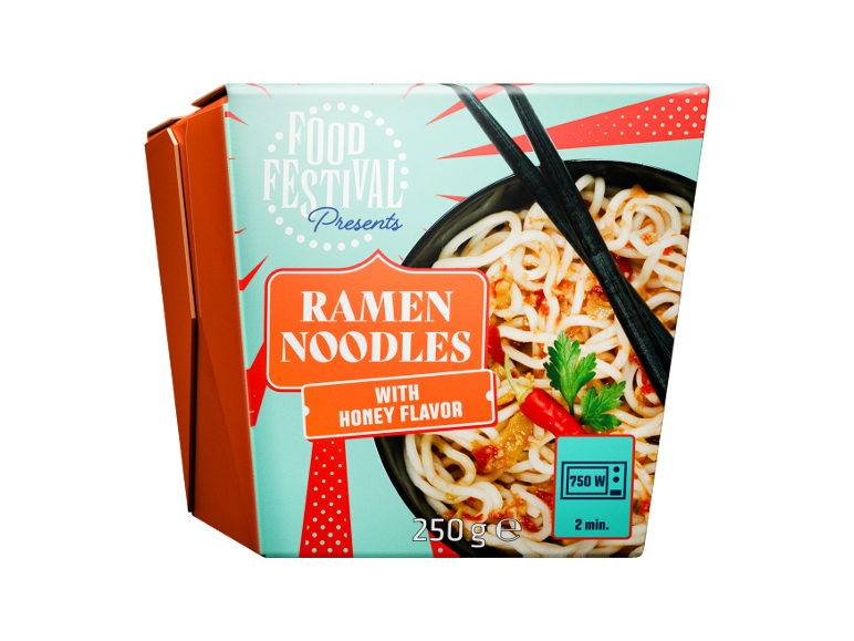 Box of ramen noodles with honey flavor, 250g, with microwave cooking instructions.