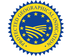 Blue and gold seal with the text 'PROTECTED GEOGRAPHICAL INDICATION' and a fields logo.