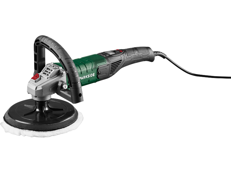 Electric polisher with D-handle and wool polishing pad.