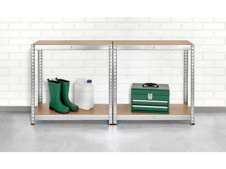 Metal shelving units with garden boots, a jerrycan, and a toolbox.