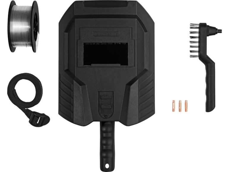 Welding set with mask, wire, brush, and nozzles, DIN EN 166 and EN169.