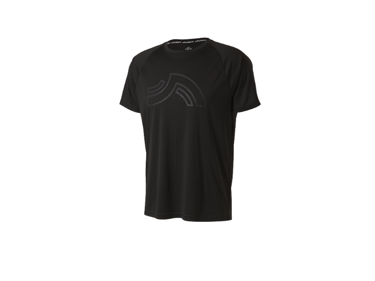 Black short-sleeved sports t-shirt with a subtle pattern on the front.