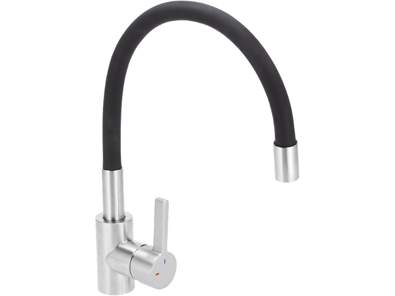 Kitchen tap with black flexible spout and chrome finish.
