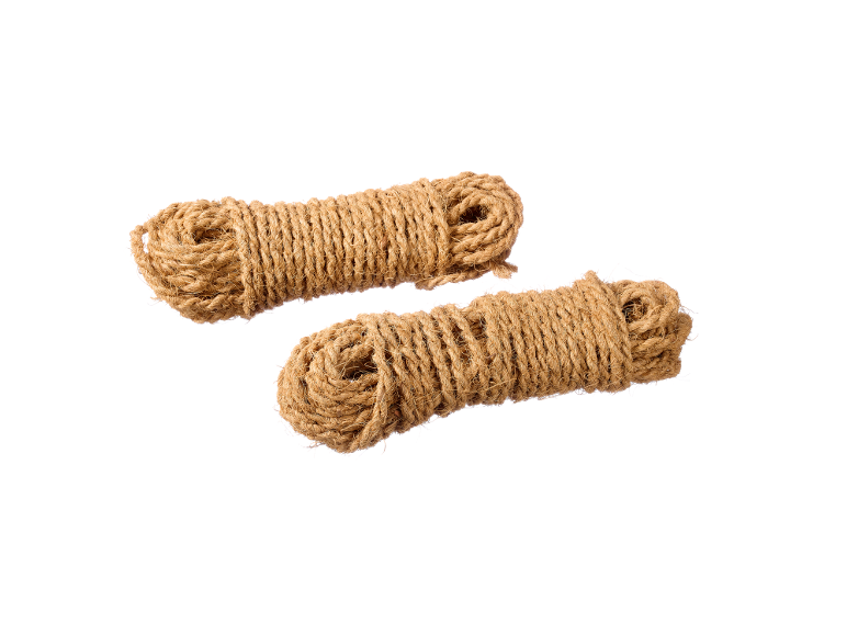 Two coiled bundles of natural jute rope on a black background.