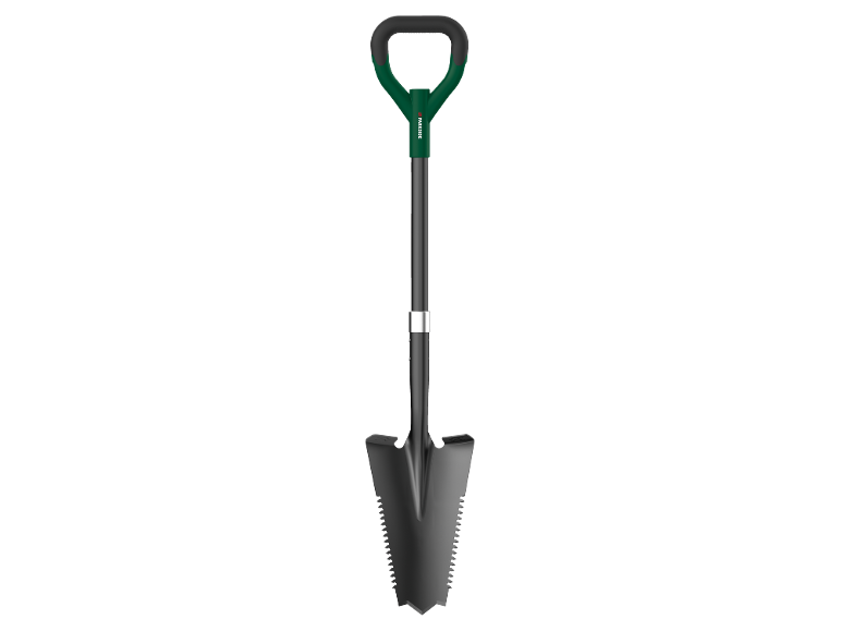 Camping shovel with green handle and serrated blade