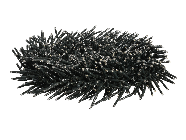 A cluster of LED Christmas lights with black wires on a black background.