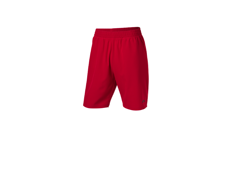 Red sports shorts with an elastic waistband and a subtle logo.