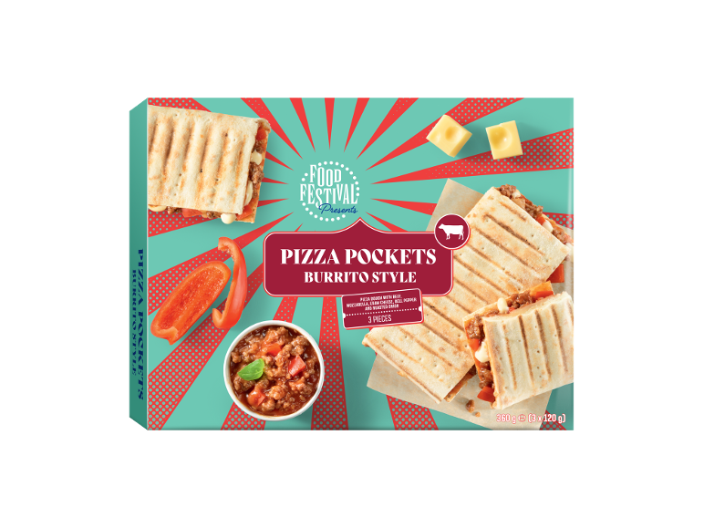Box of burrito-style pizza pockets, filled with beef, cheese, and vegetables.