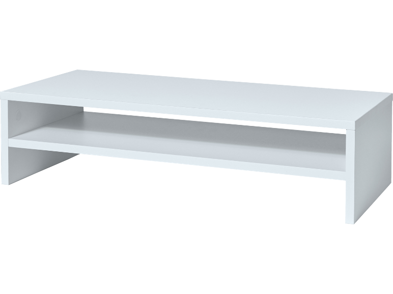 White monitor shelf with an additional storage shelf.