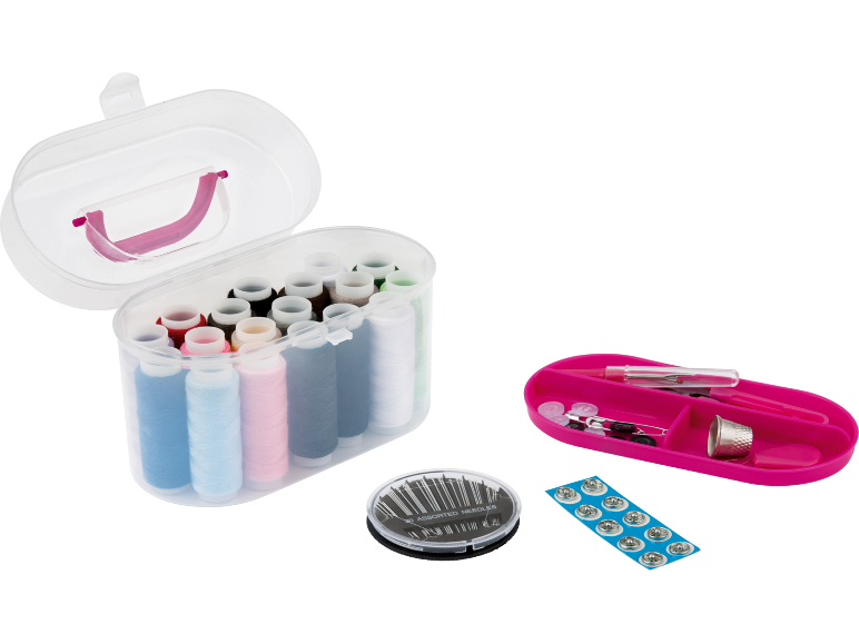 Sewing kit with a box of colorful threads, assorted needles, and accessories in a pink case.