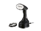 Black handheld garment steamer with a brush attachment