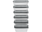 Stack of clear plastic food storage containers with gray lids.