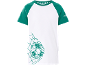 White and green raglan sleeve t-shirt with a football in net print.