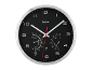 Black wall clock with thermometer and hygrometer, featuring a silver frame.