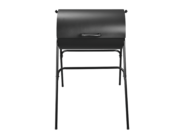 Black smoker grill on a stand with a handle.