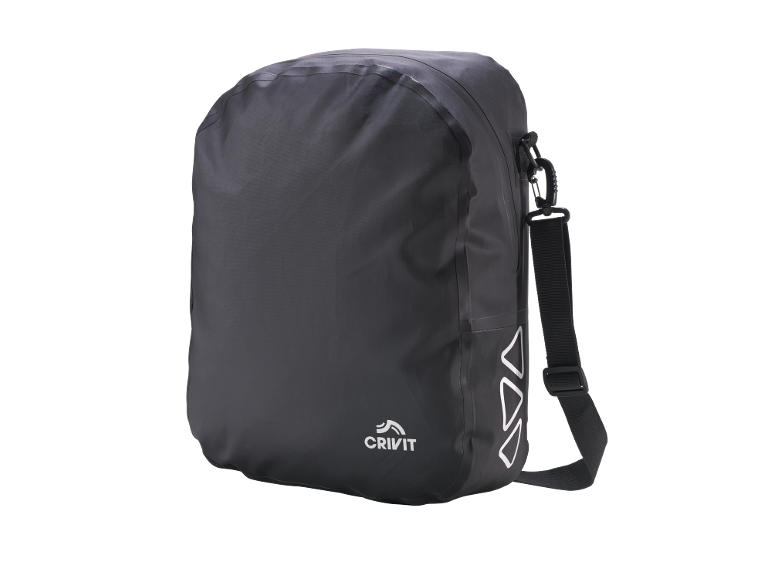 Grey waterproof travel bag with white logo and reflective details.