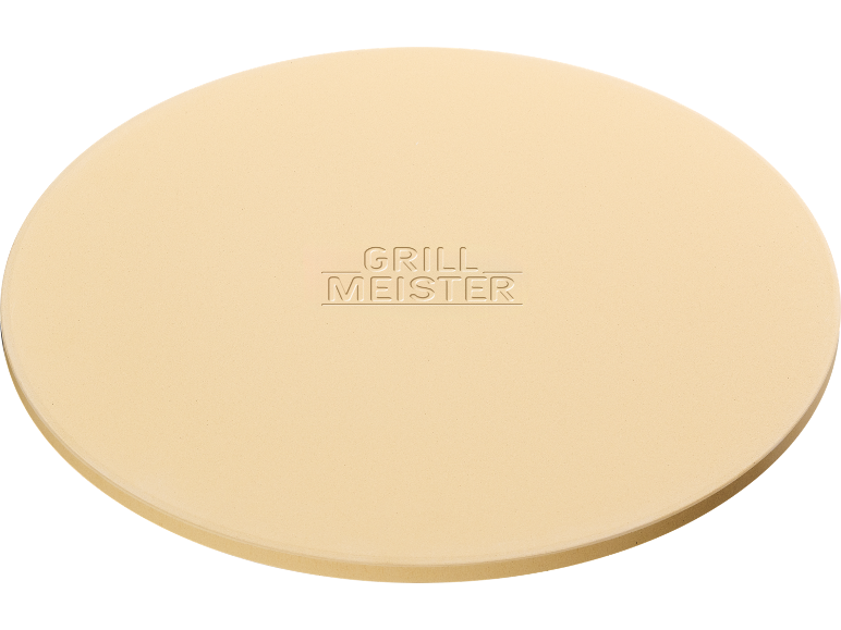 Round ceramic pizza stone with the inscription 'GRILL MEISTER'.