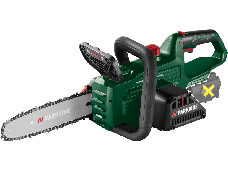 Cordless chainsaw with kickback protection and automatic stop