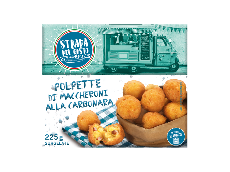 Frozen pasta carbonara balls, 225 g, ready in 10 minutes in the oven.