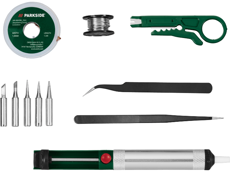Soldering kit with desoldering braid, solder wire, soldering iron, and tools.
