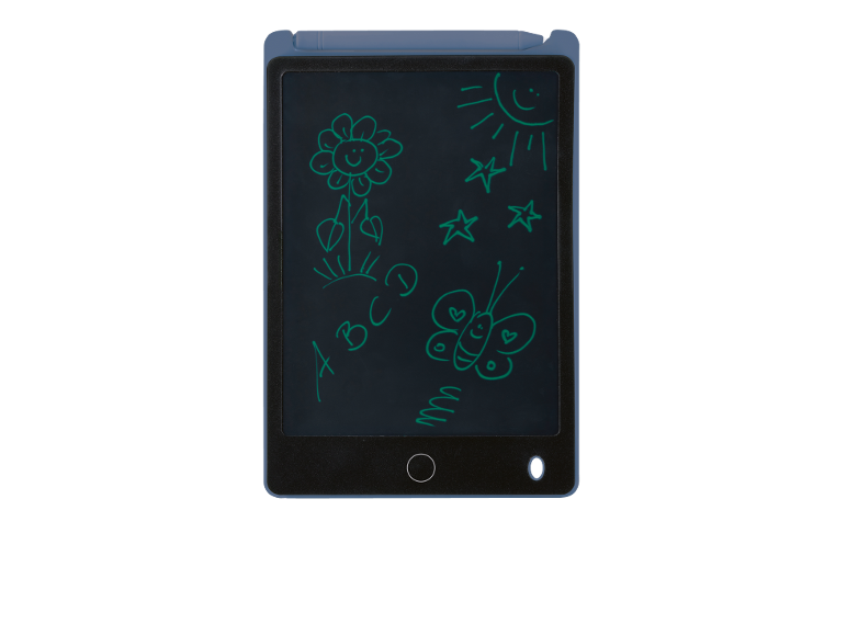 Kids' LCD writing tablet with green drawings of a sun, flower, butterfly, and letters.