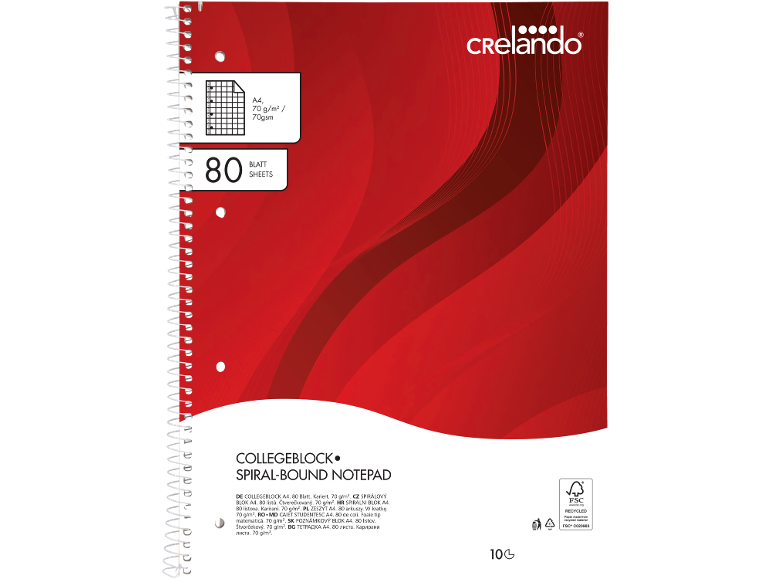 Red spiral-bound A4 notepad with 80 sheets, 70 gsm, squared.