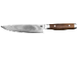 Kitchen knife with Damascus pattern blade and wooden handle.