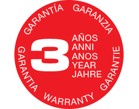 Red seal with white number 3 and the words 'Garantía', 'Garantia', 'Warranty' and '3 years' in multiple languages.