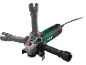 Green and black angle grinder with three handles and a power cable.