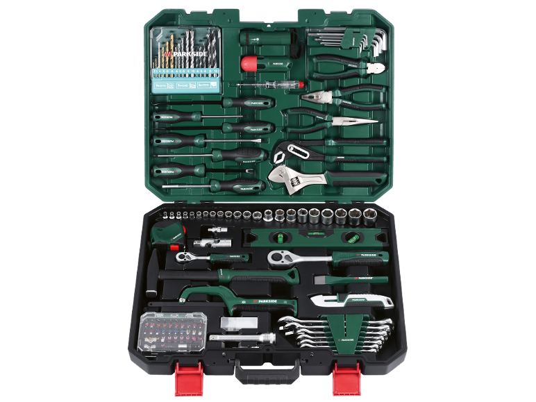 Tool set in a green case, including screwdrivers, pliers, sockets, and drill bits.