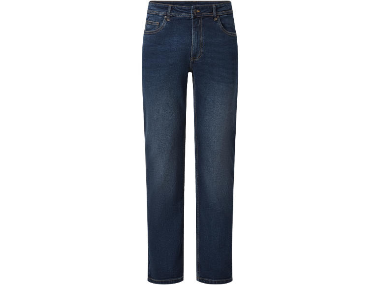 Dark blue men's straight-leg jeans with five pockets.
