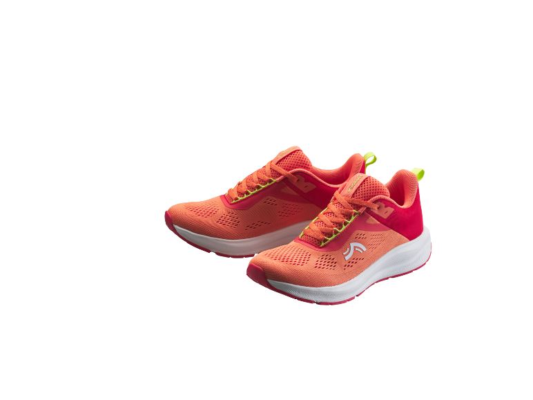 A pair of orange and red running shoes with yellow accents.