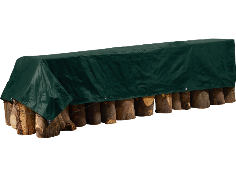 Green firewood tarp covering stacked logs.