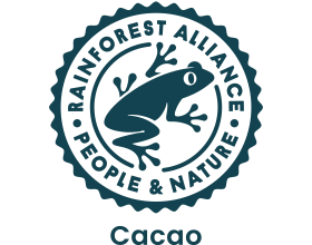 Rainforest Alliance seal with a frog, the text “People & Nature” and “Cacao”.