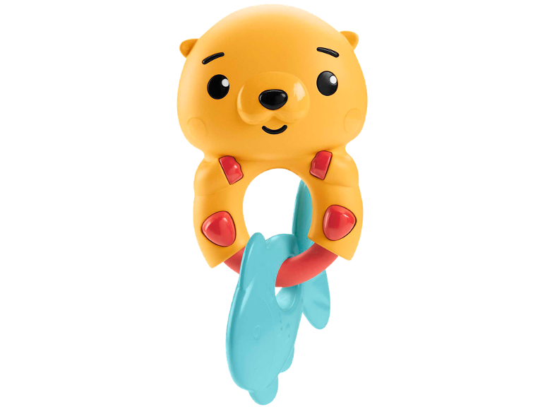 Yellow bear-shaped rattle with a red ring and a blue fish.
