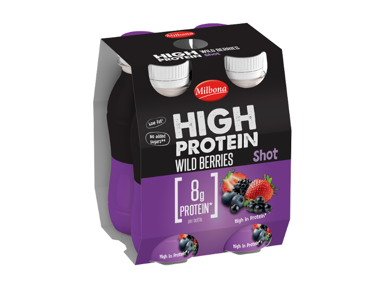 Pack of four wild berries protein shots, low fat and no added sugars.