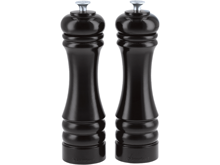 Two black salt and pepper mills with an elegant design.