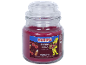 Cherry cola scented candle in a glass jar with a lid.
