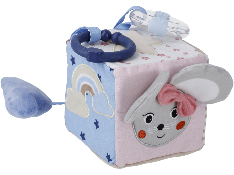 Fabric activity cube with mouse face, rainbow, and teething ring.