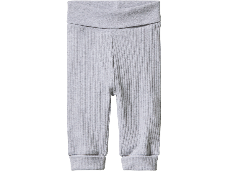 Grey ribbed baby trousers with elasticated waist and cuffs.